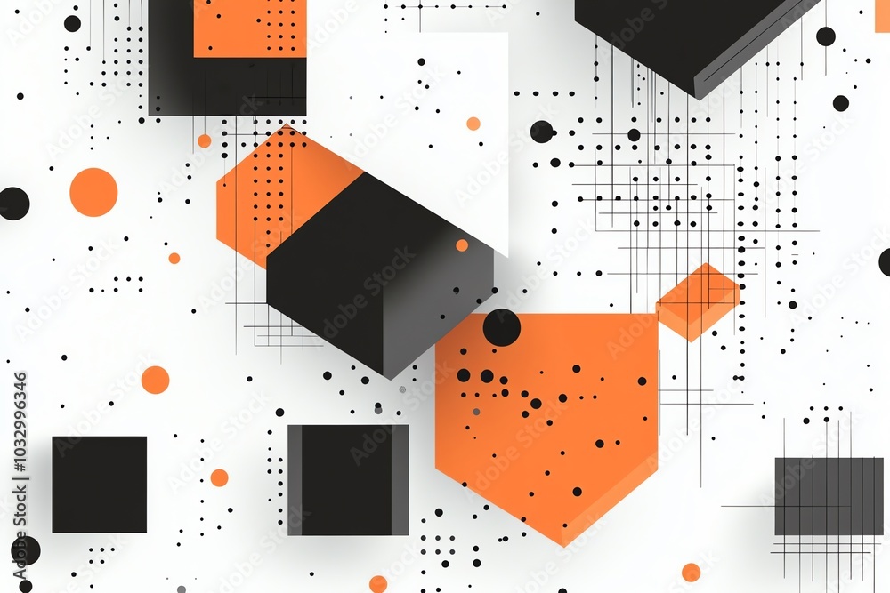 Poster abstract geometric background with orange and black cubes and circles on a white background.