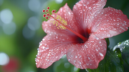 Pink Hibiscus Flower with Dew Drops - Close Up Photo
