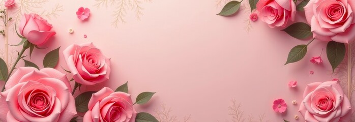 delicate pink roses frame with small flowers on pale pink background, top view, flat lay, lay out. banner with copy space. floral greeting card, Mother's day, floral banner, pink aesthetic concept