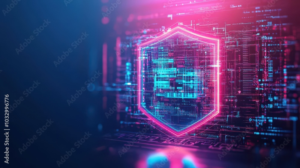 Poster cybersecurity in banking shown through a glowing digital shield over vault, tech design, vibrant neo