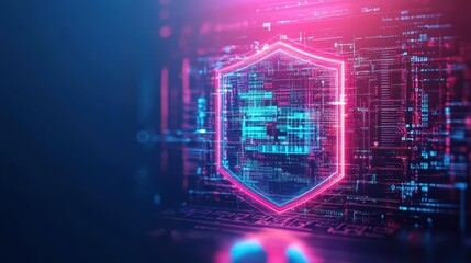 Obraz premium Cybersecurity in banking shown through a glowing digital shield over vault, Tech design, vibrant neon, 3D render