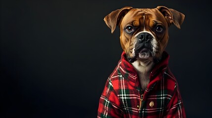 Adorable Boxer Dog Dressed in Cozy Plaid Flannel Pajamas on Charcoal Grey Studio Background