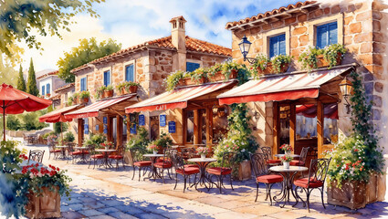 Obraz premium Street cafe in greece watercolor style2