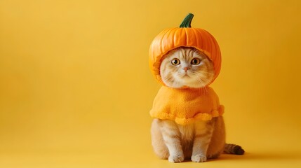 Adorable Maine Coon Cat Dressed in Pumpkin Costume on Yellow Background