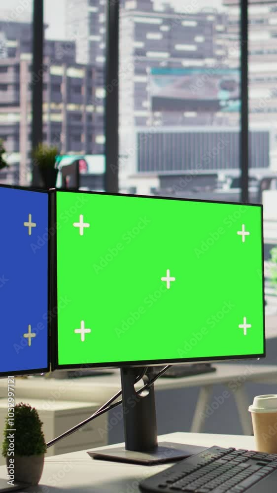Poster vertical video employee using multi monitor isolated screen computer to analyze datasets, comparing 