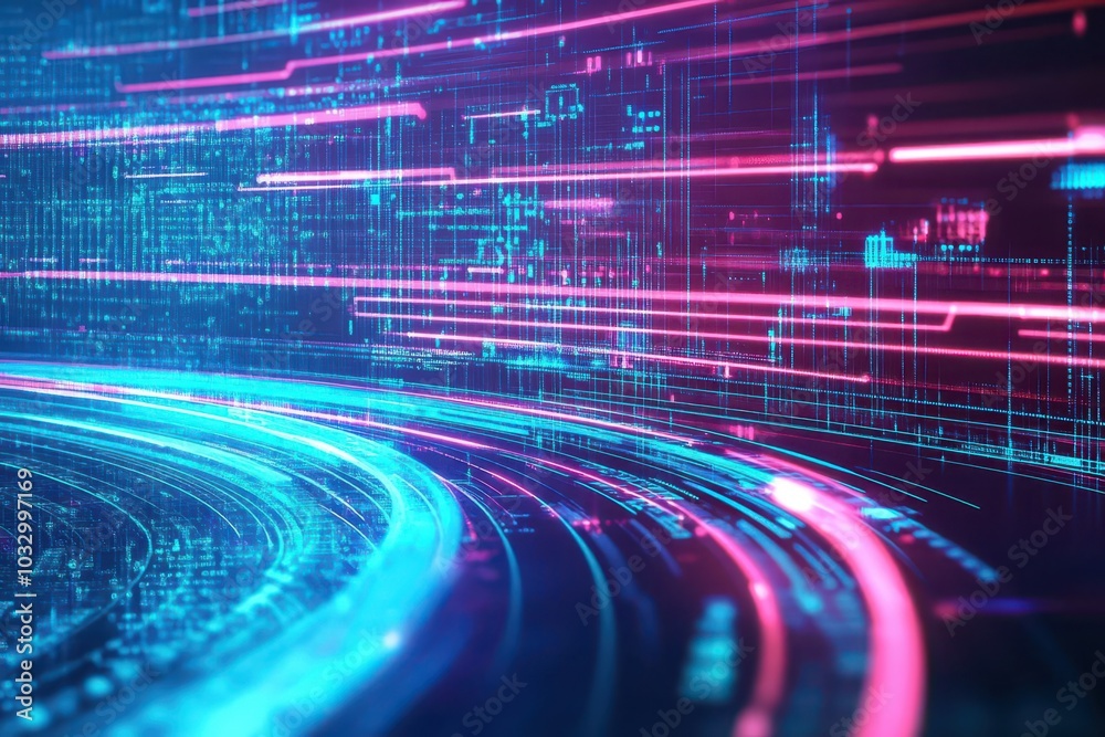 Aufkleber digital curve design, cybernetic patterns, neon light streaks, abstract tech background