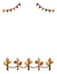 ガーランドと紅葉した木のシンプルフレーム　手書きイラスト