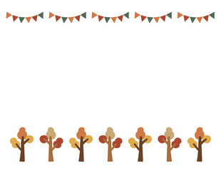 ガーランドと紅葉した木のシンプルフレーム　手書きイラスト