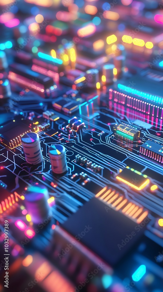 Poster a close-up of a circuit board with glowing neon lights.