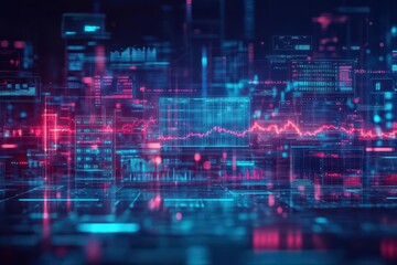 Obraz premium Digital trading floor with AR displays, business people analyzing data, neon highlights, Cyberpunk, Photorealism