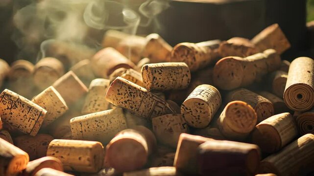 A pile of wine corks sit in the warm light, with wisps of smoke rising from them