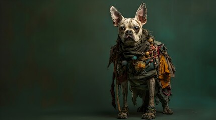 Eccentric Goblin Dog in Mismatched Ensemble Against Green Backdrop