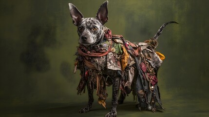 Eccentric Goblin Dog Dressed in Mismatched Rags and Trinkets Against Forest Green Background