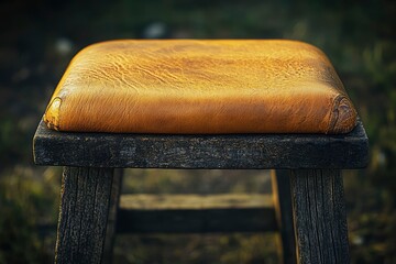 Close-up of a Rustic Wooden Stool with a Leather Seat