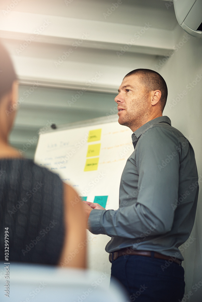 Aufkleber Man, whiteboard and web development in office with team, cyber update plan and cpu project. Male person, collaboration and ideas for programming in meeting, staff workshop and solution for coding