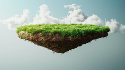 Floating slice of land with green grass surface and soil section. Flying land grass texture and empty grass field isolated. 3d rendered, isolated grass field flying in air with clouds