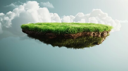 Floating slice of land with green grass surface and soil section. Flying land grass texture and empty grass field isolated. 3d rendered, isolated grass field flying in air with clouds