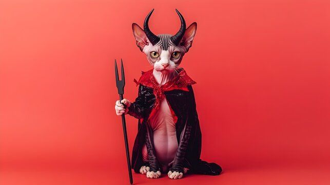 Mischievous Sphynx Cat Dressed as Devilish Creature on Vibrant Red Background