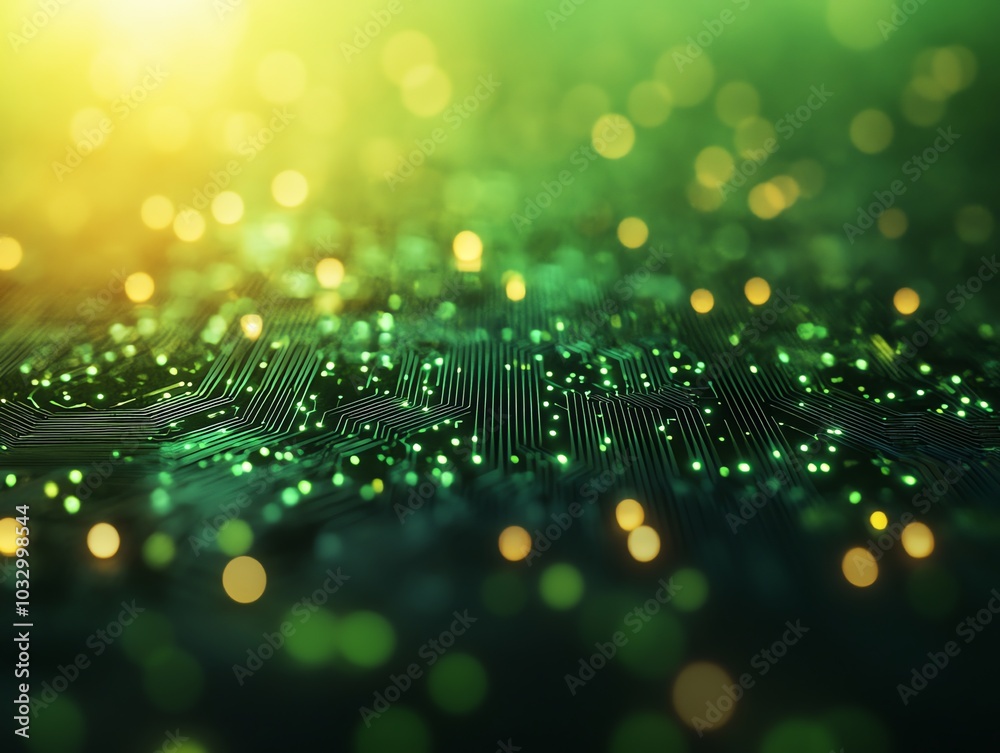 Poster abstract green circuit board with glowing lights, representing the concept of technology, innovation