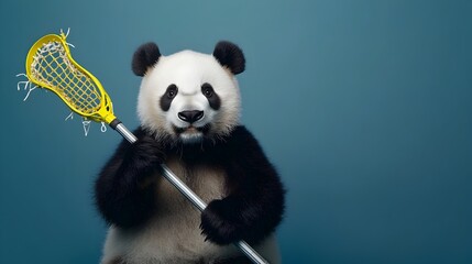 Panda Bear Playing Lacrosse with Stick on Navy Studio Background