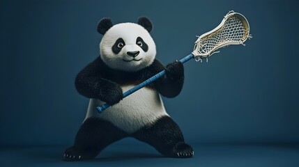 Playful Panda Lacrosse Player on Navy Studio Background