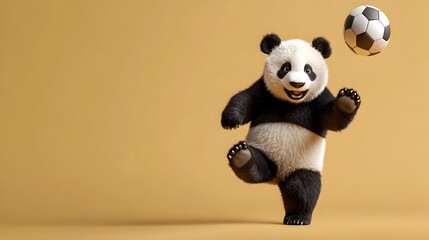 Playful Panda Playing Football on Plain Brown Background