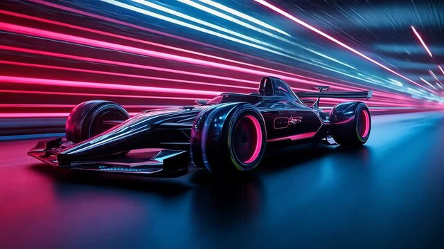A black race car speeds through a tunnel, illuminated by streaks of pink and blue light