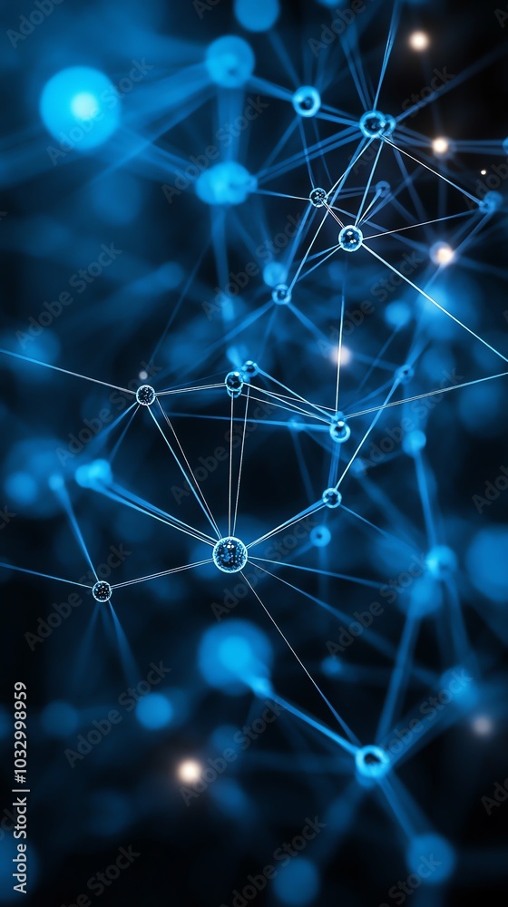 Poster Abstract blue network of connected dots and lines on black background, representing connection, technology, and communication.