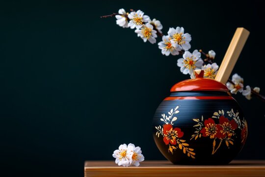 A Japanese tea ceremony, featuring vermillion lacquerware on a minimalist wooden table