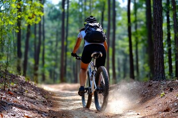 Naklejka premium A biker riding through a forest trail, with realistic motion blur and trail dust