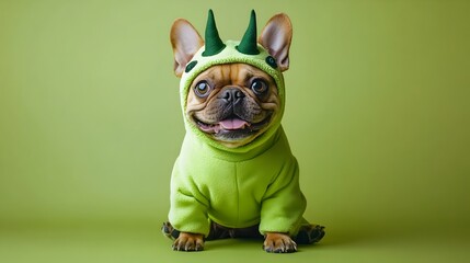 Whimsical Franken Dog in Oversized Green Monster Costume on Vibrant Lime Background