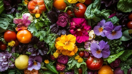 A vibrant display of edible flowers mixed with fresh vegetables, creating a colorful and artistic arrangement