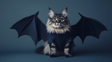 Obraz premium Whimsical Norwegian Forest Cat Dressed in Bat Costume on Navy Blue Background