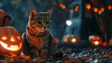 A tabby cat sits by a lit jack-o-lantern in the rain on Halloween night.
