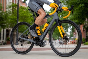 Naklejka premium A cyclist wearing grey and yellow gear, riding through an urban landscape