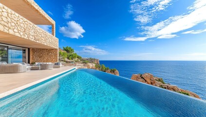 Fototapeta premium A modern villa with an infinity pool overlooking the Mediterranean Sea.