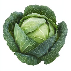 Fototapeta premium A whole head of cabbage, its green leaves tightly wrapped, isolated against a white background