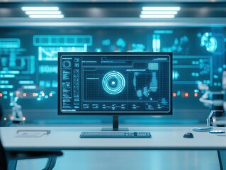 Fototapeta premium Holographic control room, overseeing AImanaged factory, advanced robotics, sleek industrial design