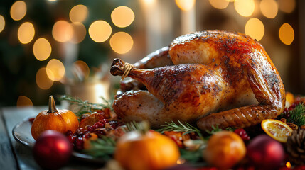 thanksgiving roasted turkey on a plate with gourd fruit blurry bokeh lights background seasonal backdrop holiday wallpaper