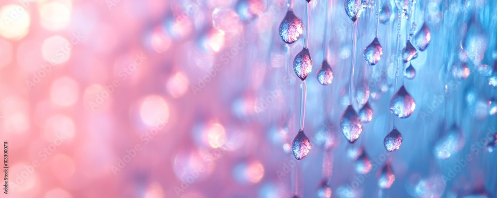 Poster close-up of water droplets on glass with colorful bokeh, abstract background. serenity and nature co