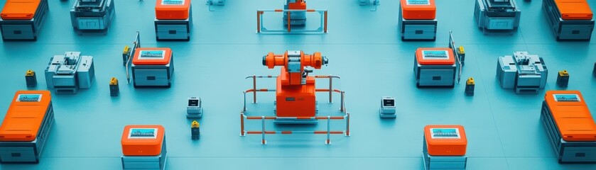 Industrial robots performing automated tasks in a controlled environment with safety barriers