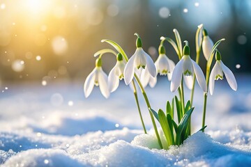 Snowdrop Flowers Emerging from Snowy Landscape - A Symbol of Spring's Arrival in Nature's Beauty