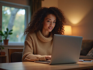Naklejka premium Beautiful business woman using a laptop computer and drinking coffee, sitting in office modern coworking cafe