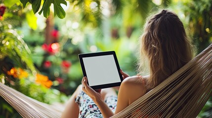 Woman relaxing in a hammock and using a tablet with a white screen.