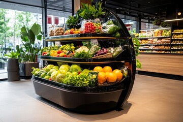 A neighborhood grocery store with fresh produce on display, emphasizing organic and local items