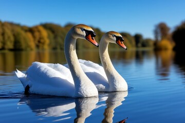 A pair of swans gliding across a tranquil lake, their reflection shimmering on the water