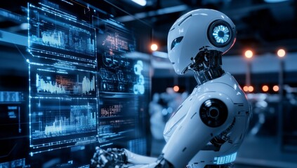 Fototapeta premium A humanoid robot works on a computer screen with data visualizations and graphs in a modern, futuristic factory.