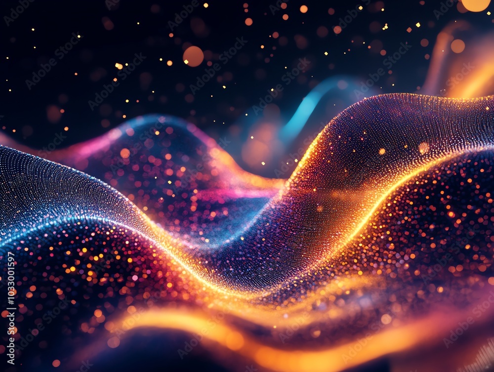 Poster Abstract colorful wave pattern with glowing particles on a black background.