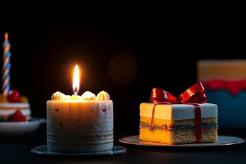 A single candle flame glowing softly in the darkness, illuminating a celebration table with cakes and presents