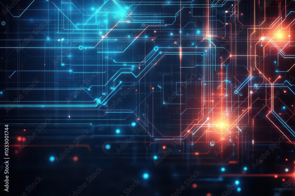 Poster neon tech grid, floating circuits, dark digital background, futuristic technology patterns, glowing 
